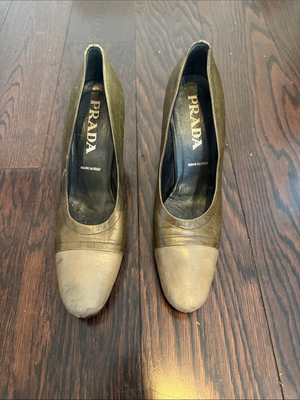 Prada Olive Green and Beige Leather Women's Pumps